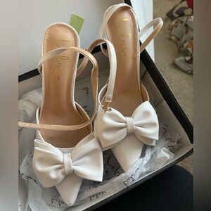 Lulus Penson White Bow Pointed-Toe Ankle Strap Pumps